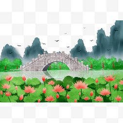 中国古风风景图片_手绘节气处暑古风插画