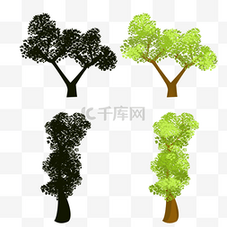 大树剪影剪影图片_手绘绿色大树和剪影