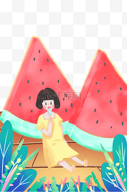 卡通手绘可爱的小女生插画图片_夏天靠在西瓜上吃雪糕的女孩