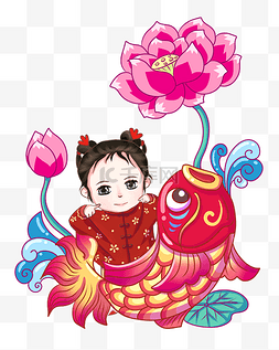 春节抱金元宝善财童子童女人物古代手绘q版拜年穿唐装的童女小猪新