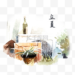 油画插画图片_立夏水彩墙角装饰图