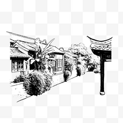 中国画素描图片_水上古镇老街速写