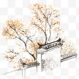 手绘秋天树木图片_水墨画古院落的秋天