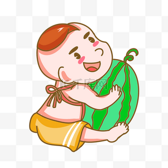 抱着西瓜的男孩手绘