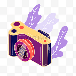 手绘紫色摄影机植物插画