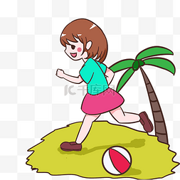 夏天在沙滩边玩耍的女孩手绘