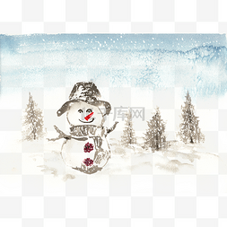 冬季淡雅图片_水彩画冬季可爱的雪人