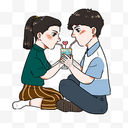卡通情侣杯图片_七夕节甜蜜情侣一起喝同一杯饮料