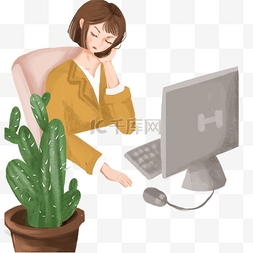 电脑绿植图片_办公室短发女孩
