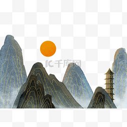 手绘山峦图片_手绘水墨山水金线插画