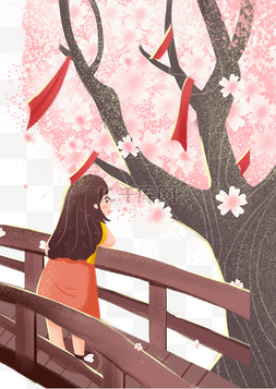手绘卡通看樱花的女孩免扣元素