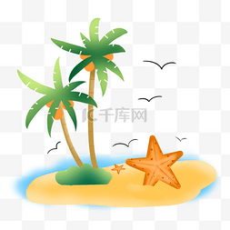 夏日沙滩海星图片_夏日沙滩上的椰子树和海星