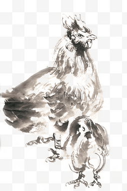 母鸡与小鸡水墨画PNG免抠素材