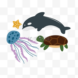 svg卡通彩色水母乌龟鲸鱼