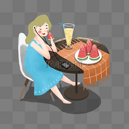 卡通小装饰海报图片_夏季吃西瓜喝果汁的女孩