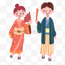 文化传统蓝色图片_手绘卡通日本和服人物插画
