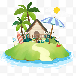 太阳树木图片_手绘海岛度假木房子