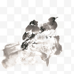 岩石上的两只小鸟水墨画PNG免抠素