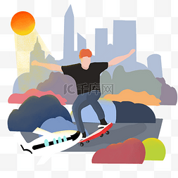 运动风插画图片_春日公园滑板训练
