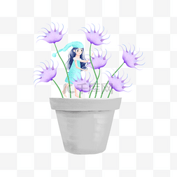 小女孩和花图片_紫色的花朵和穿蓝色连衣裙的女孩