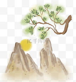 中国水墨风日出图片_山上的松树和日出