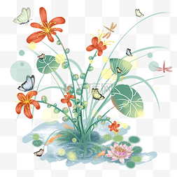 水蝴蝶素材图片_夏日池塘中的花丛