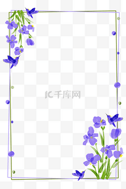 紫色长方形图片_春夏紫鸢花蜂鸟波点双线简约边框