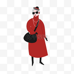大衣红色图片_戴墨镜时髦的老年女性