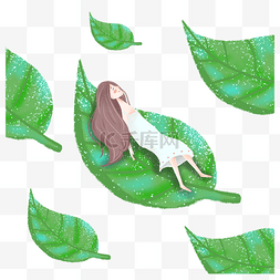 树叶上的女孩图片_简约睡在树叶上的女孩插画海报免