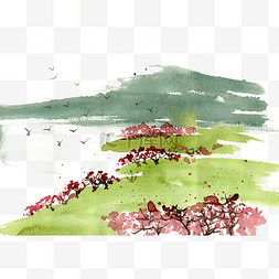 春天的景色图片_岸边的桃树林