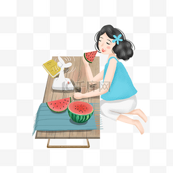 水果夏日海报图片_吃西瓜吹风扇的女孩