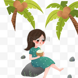 绿色椰子汁图片_卡通女孩在喝饮料免抠图