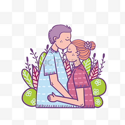 绿植堆头图片_夏季卡通情人节拥抱亲吻的情侣