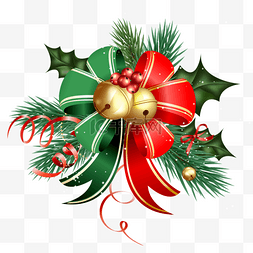 圣诞铃铛红色图片_冬青和红色绿色缎带装饰圆形金色