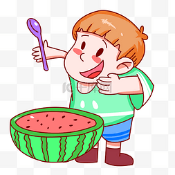 夏天吃西瓜的男孩手绘插画