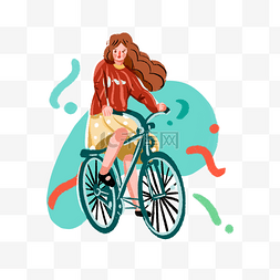 一个骑车回家的女孩手绘插画风png