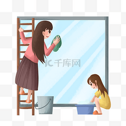 抹布擦玻璃图片_劳动节擦玻璃女孩边框