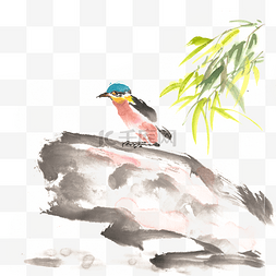 春意昂扬图片_岩石上的小鸟水墨画PNG免抠素材