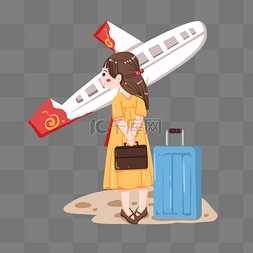 假期旅行行李箱图片_机场候机准备旅行的女孩