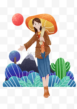 春游打着蘑菇伞女孩