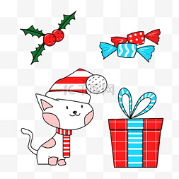 圣诞糖果手绘图片_手绘线性礼物盒圣诞小猫