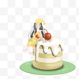 美食小甜点手绘图片_简约坐在蛋糕上的女孩插画海报免