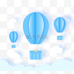 立体感云朵图片_蓝色剪纸风格热气球
