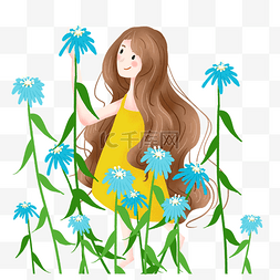 简约蓝色清新花朵图片_简约蓝色花丛中的女孩插画海报免
