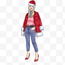 红色毛呢外套图片_圣诞节红色时尚女人模特女装插画