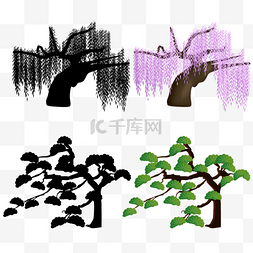树剪影剪影图片_松柏手绘紫藤树和剪影