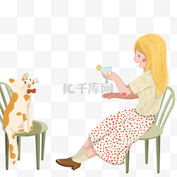 小女孩坐在椅子上喝饮料免抠图