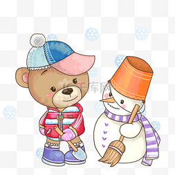手绘冬季卡通熊和雪人