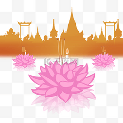 三只粉色莲花灯和泰国建筑剪影