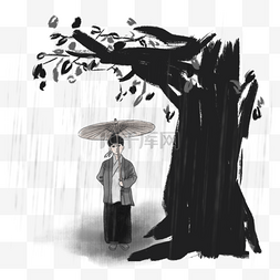 古风人物卡通手绘图片_古风清明节雨纷纷树下男孩